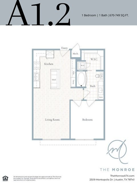 Floor plan for 1 bed, 1 bath, 749 sqft